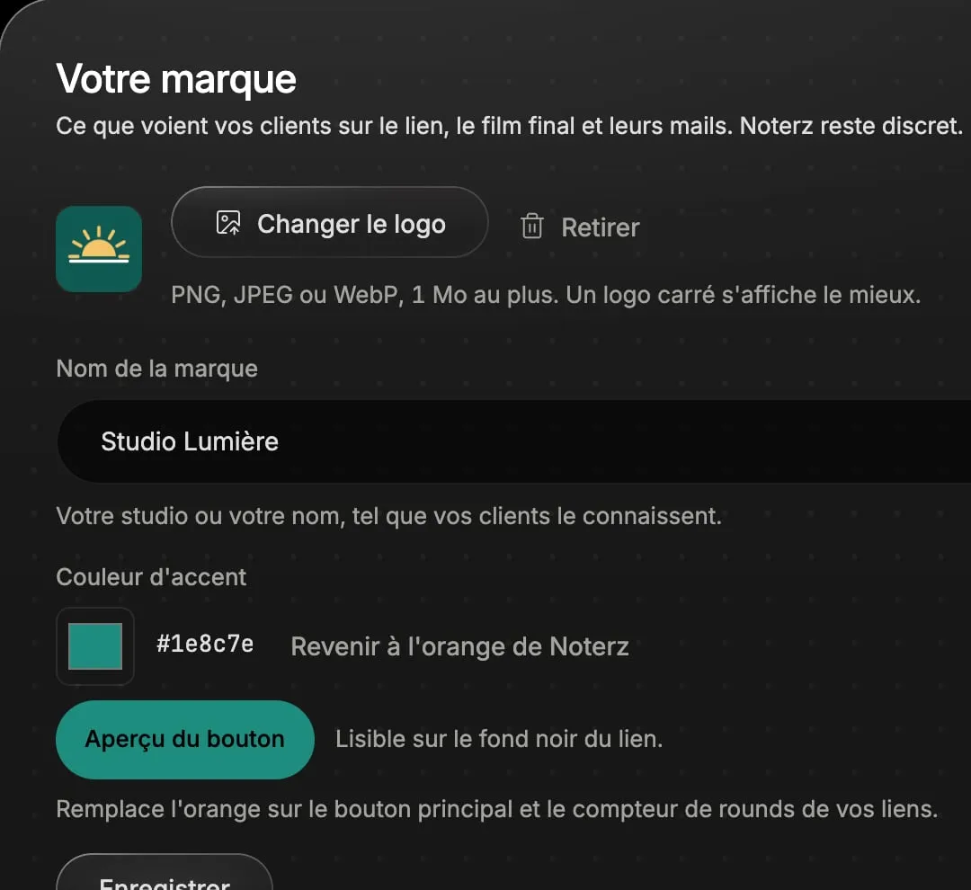 Brand settings: logo, name and accent colour.