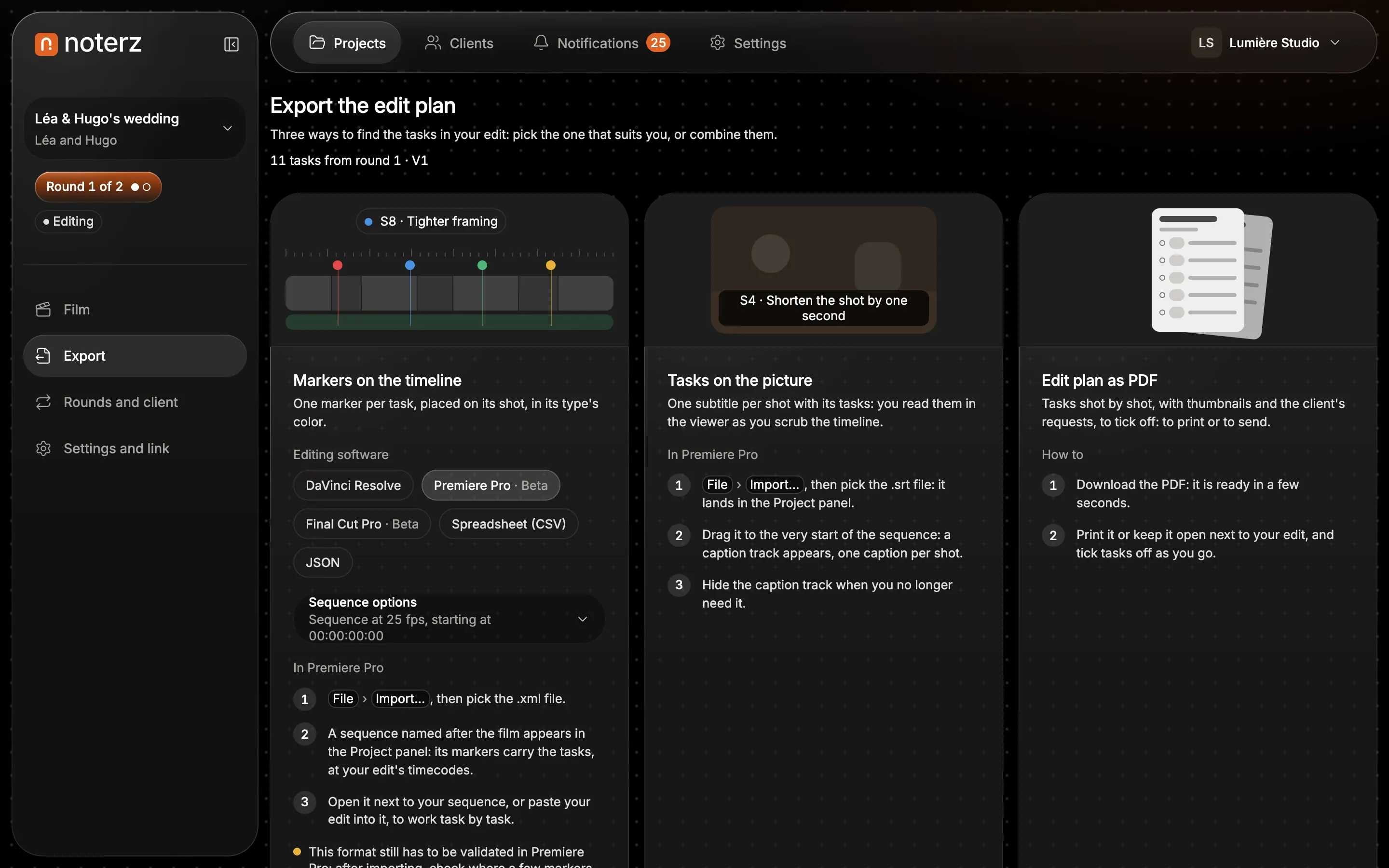 The Noterz Export tab: markers on the timeline, tasks on the picture and the edit plan as a PDF, with a choice of software.