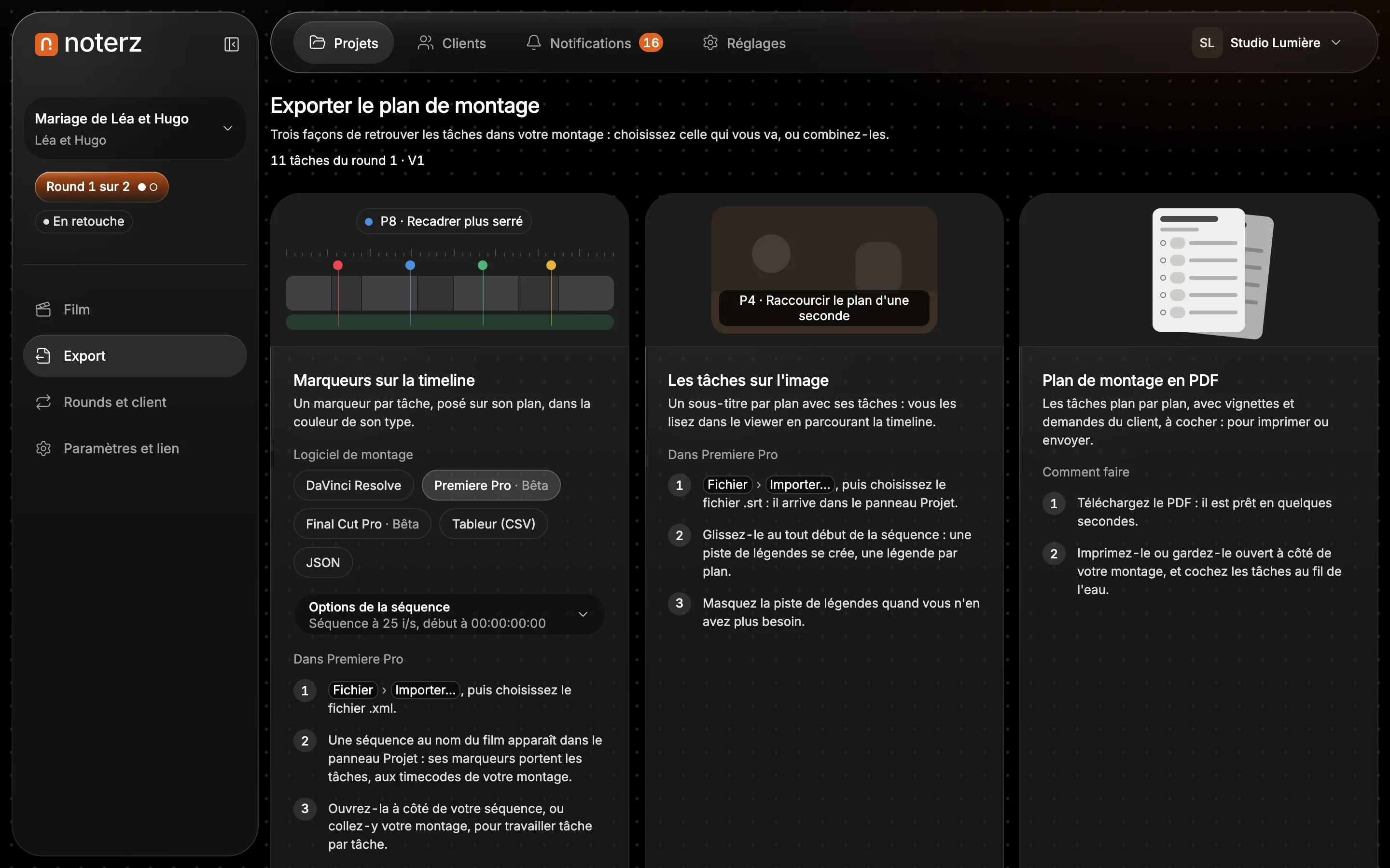 The Export tab: markers for Resolve, Premiere and Final Cut, subtitles and PDF.