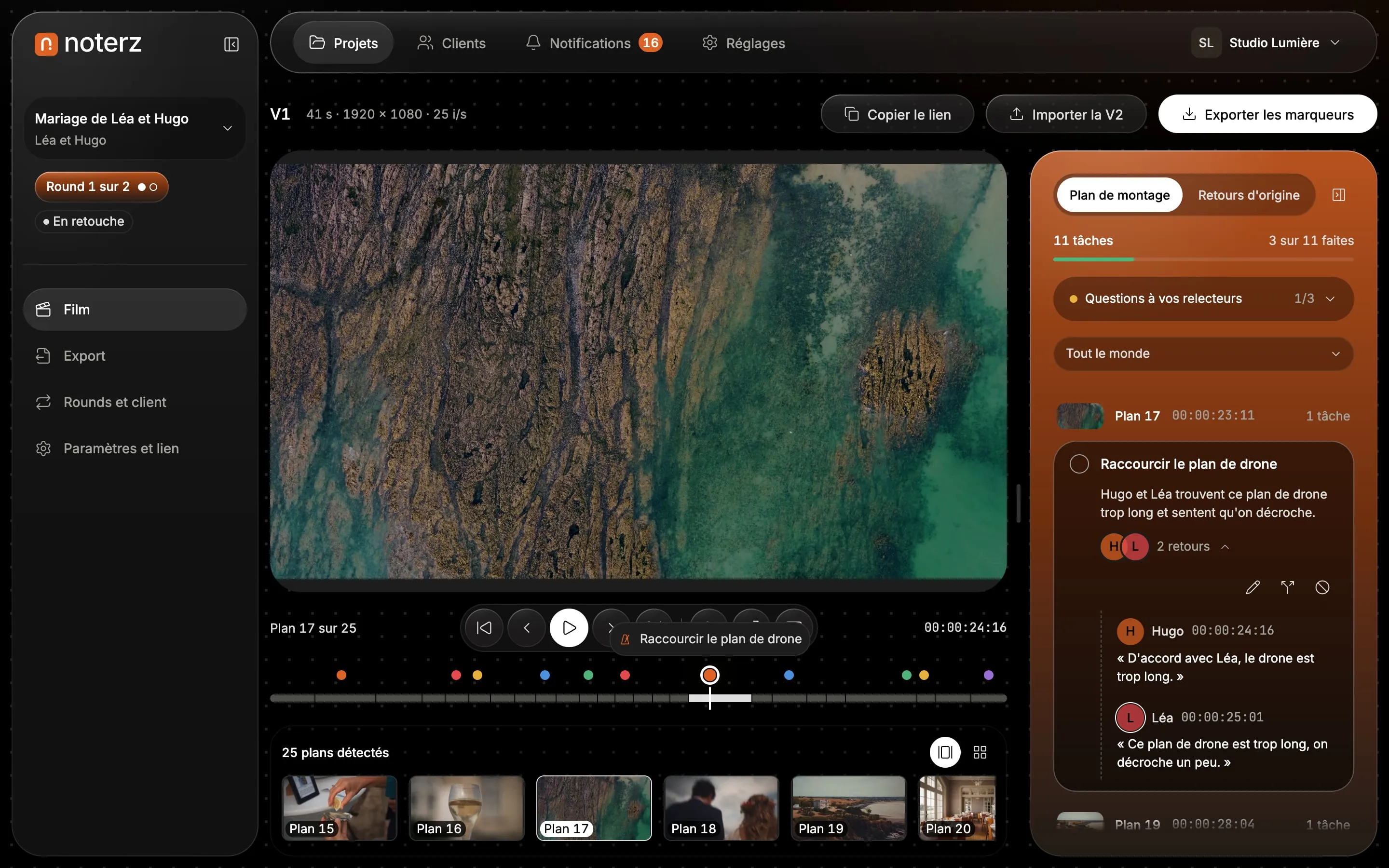 The editor's workspace on a computer: the film, the shot strip and the edit plan, where Léa's and Hugo's notes on the same drone shot become a single task.