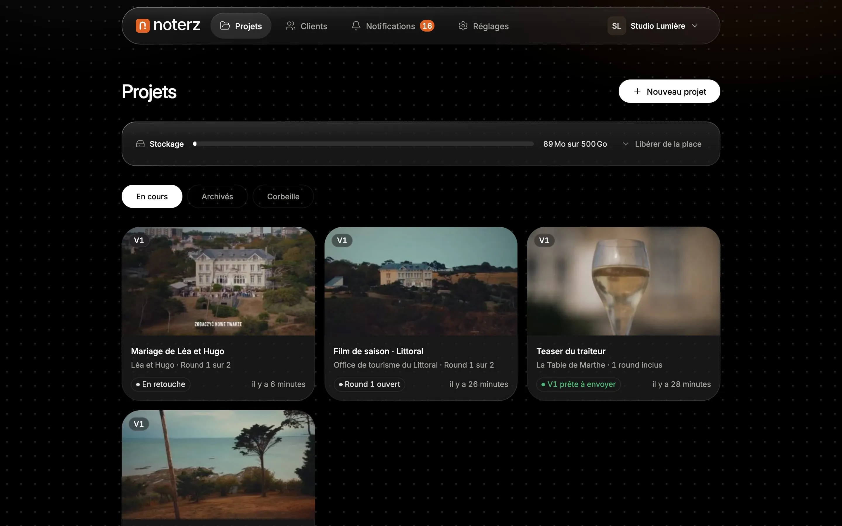 A studio's project list: thumbnails, rounds and statuses.
