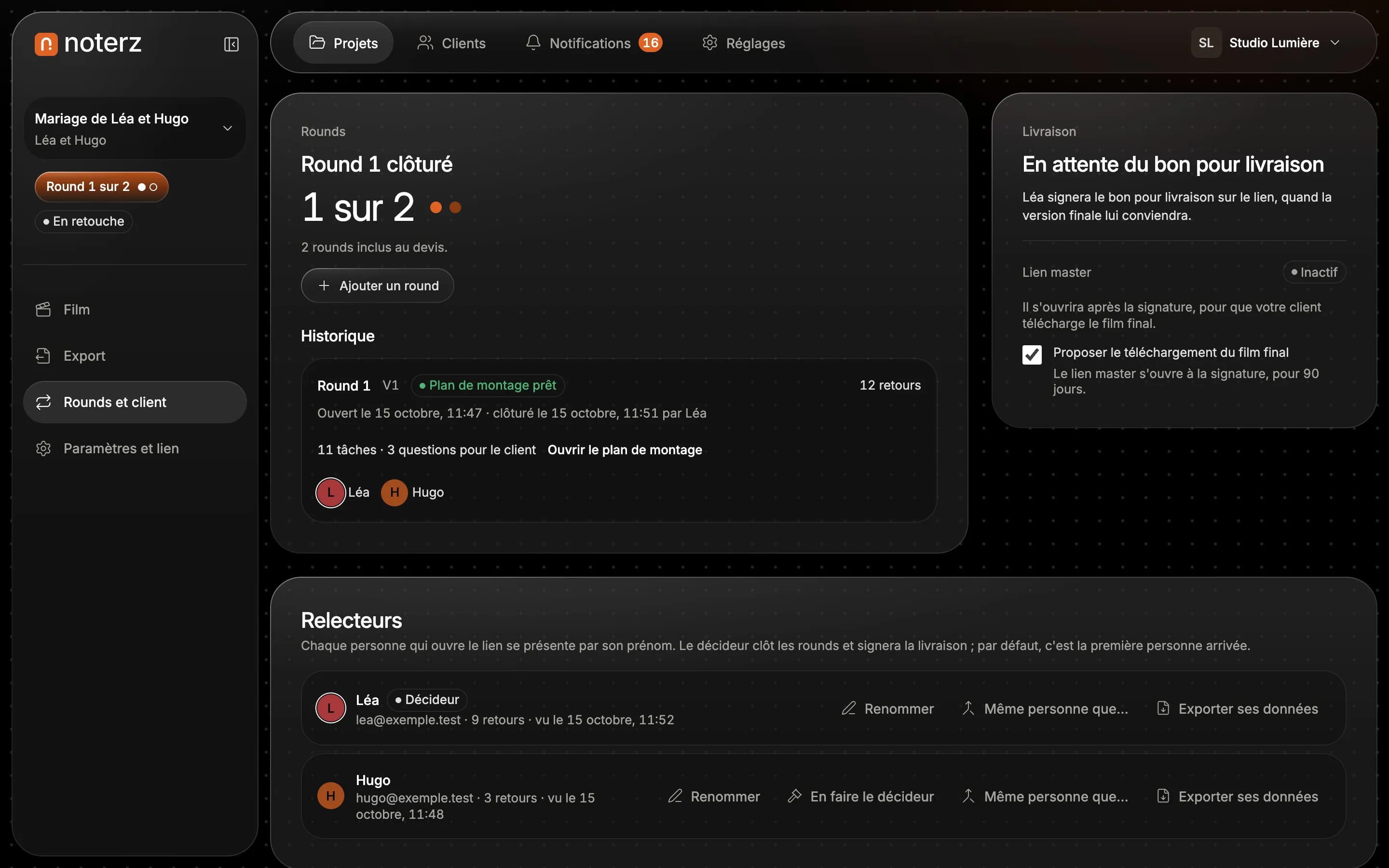 The Rounds and client tab: closed round, history, reviewers and decision maker.