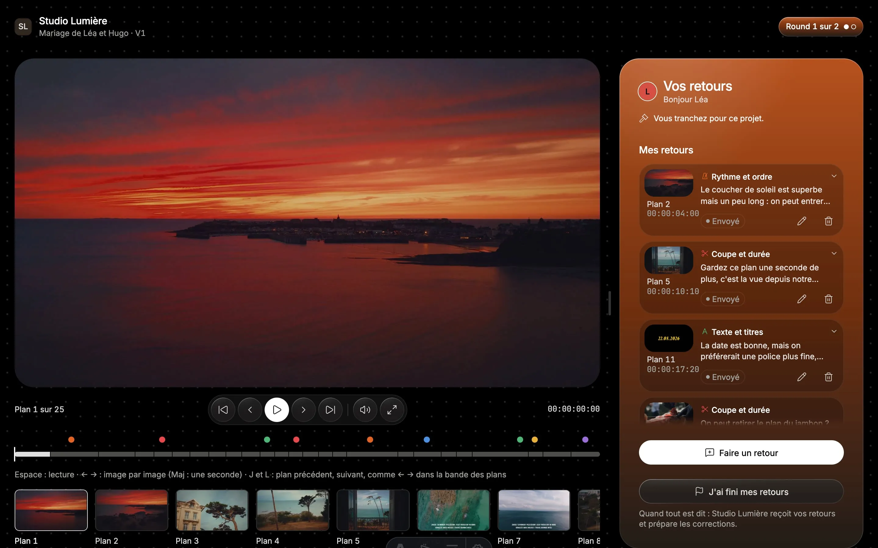 The client link on a computer: the film, the shot strip and Léa's notes, each with its shot and timecode.