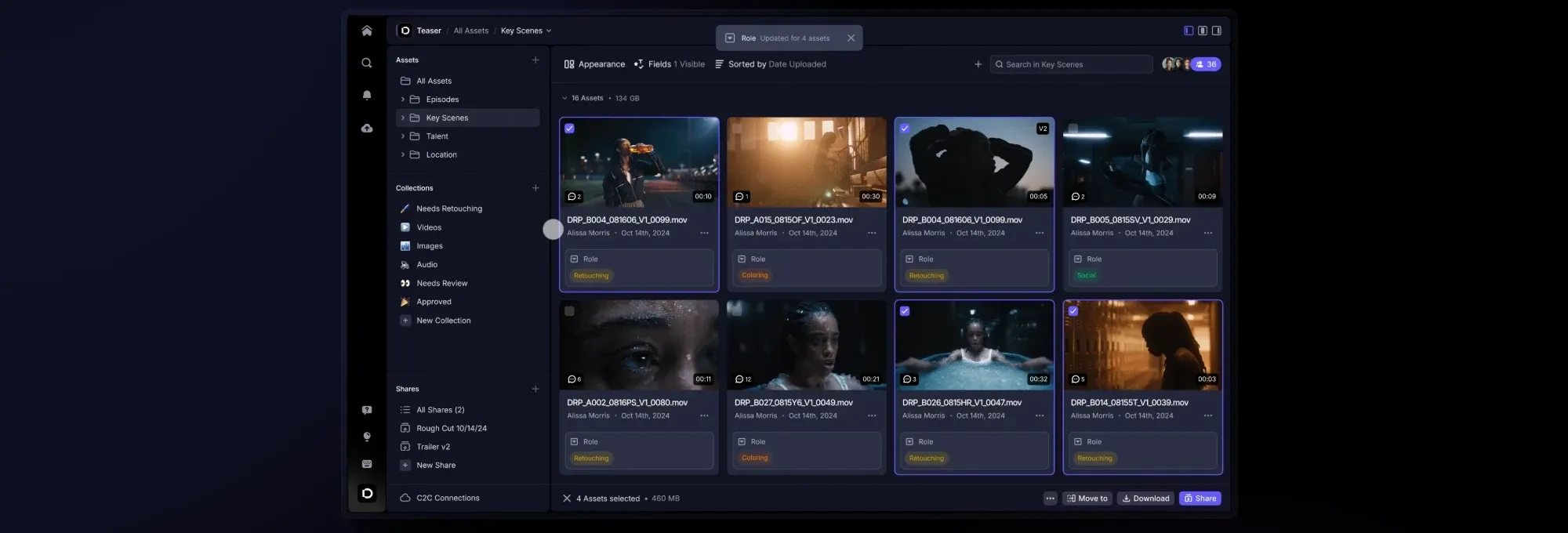 L'interface de Frame.io V4 : une grille de vidéos avec leurs vignettes, le nombre de commentaires, le statut et les actions de partage.