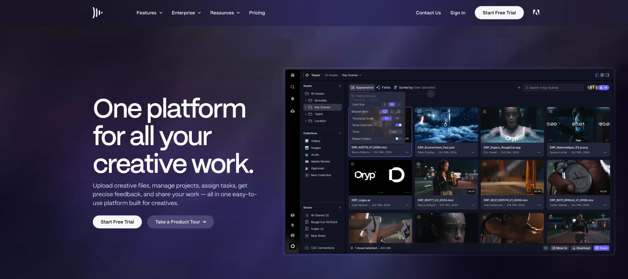 La page d'accueil de Frame.io : « One platform for all your creative work » et une capture de sa vue d'ensemble des fichiers.