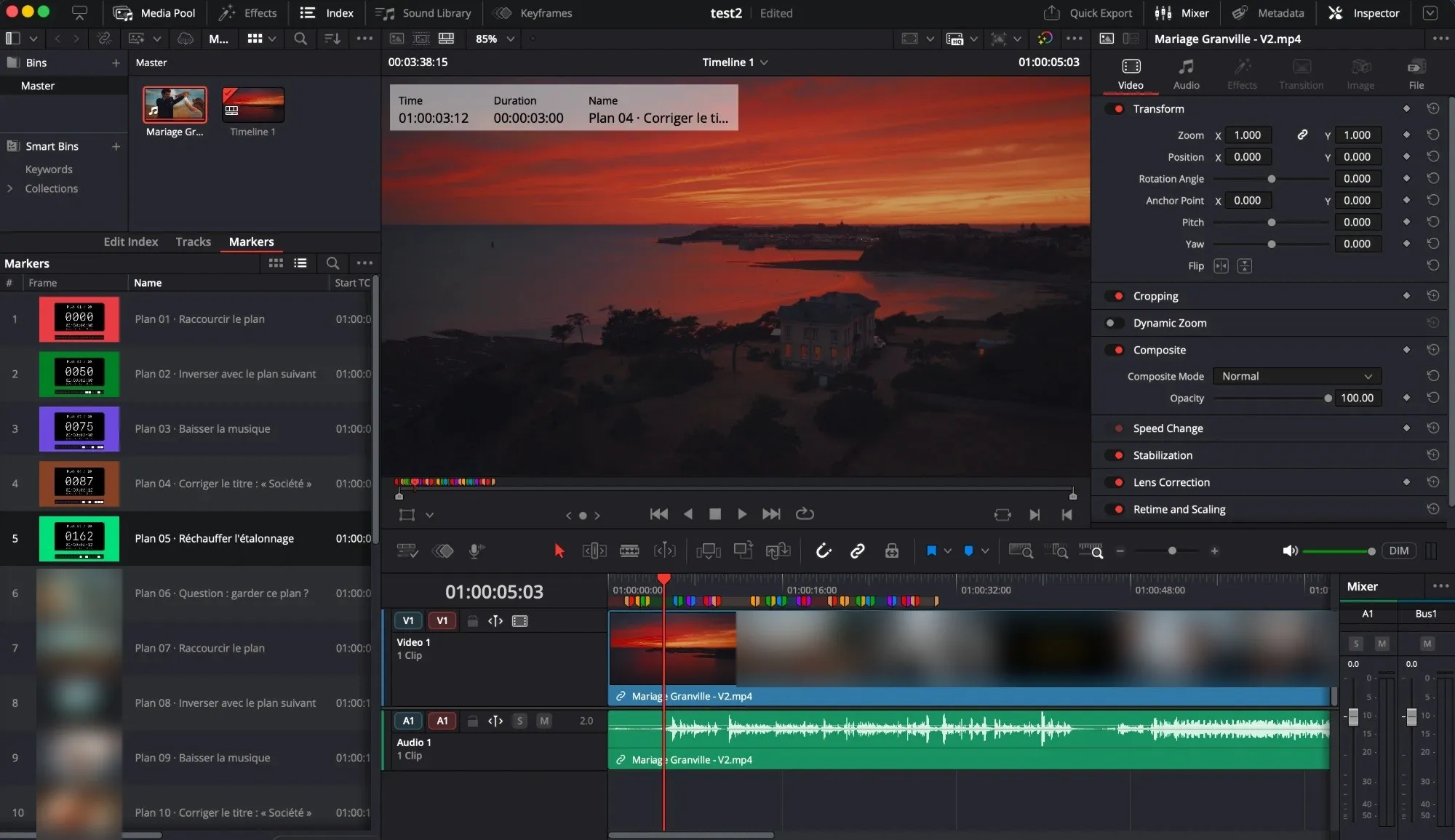 A round exported to DaVinci Resolve: the marker list names each shot and its instruction.