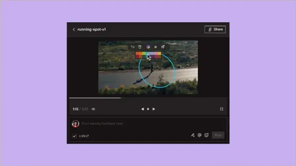 Dropbox Replay : un film en revue avec un dessin sur l'image et la zone de commentaire sous le lecteur.