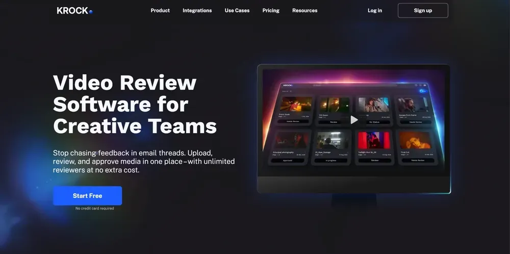 L'accueil de Krock.io : « Video Review Software for Creative Teams » et une vue de ses projets avec leurs statuts.